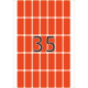 Eine orangefarbene Tafel mit der Zahl 35 in schwarzer Schrift, umgeben von einer Anordnung kleinerer Rechtecke.