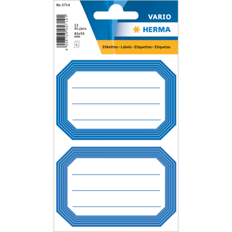 Blau umrandete Etiketten mit Platz für Beschriftungen, 12 Stück, Größe 82 x 55 mm, verpackt in einer transparenten Hülle.