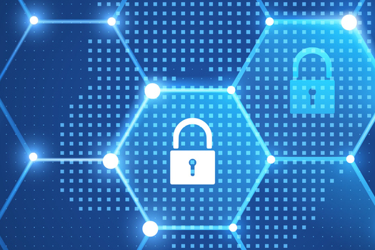 Ein digitales Netzwerk mit hexagonalen Mustern und Schlosssymbolen, das Sicherheit und Datenschutz darstellt.