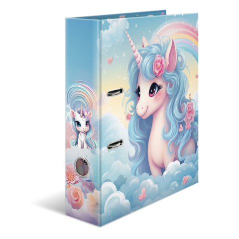 Ein Ordner mit einem bunten Einhorn-Design, das in Wolken schwebt, umgeben von Blumen und einem Regenbogen.