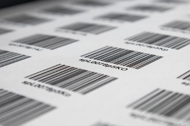 HERMA Barcode-Etiketten mit fortlaufenden Nummern, Etikettenbahn in der Digitaldruck Maschine, Querformat