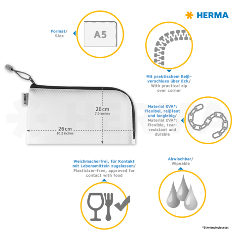 Transparente A5-Tasche mit Reißverschluss, aus flexiblem, wasserfestem EVA-Material, geeignet für Lebensmittelkontakt und abwischbar.