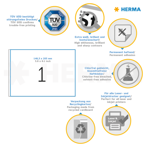 TÜV SÜD bestätigt störungsfreies Drucken. Extra weiß, brillant, permanent haftend. Für alle Laser- und Inkjetdrucker geeignet. Verpackung aus recyceltem Karton.