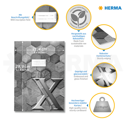 Hochwertige, graue Hexagon-Karten mit einem Beschriftungsfeld, stabiler Kante und glänzender Oberfläche, hergestellt aus nachhaltigen Materialien.