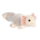 Plüschfigur eines Axolotls mit rosa Akzenten, liegend und mit großen, runden Augen.