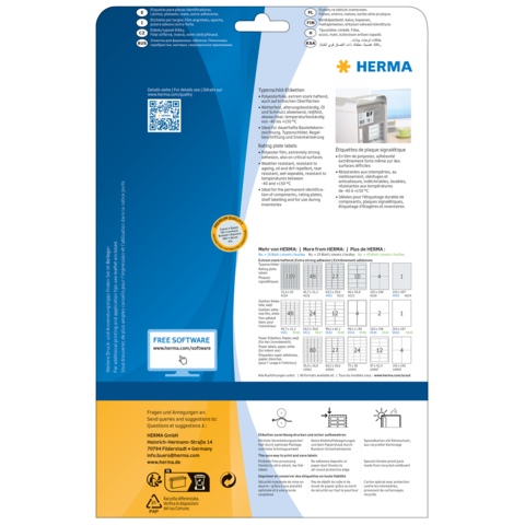 Rückseite einer Verpackung mit Informationen zu HERMA Produkten, einschließlich QR-Code und Hinweisen zur kostenlosen Software.