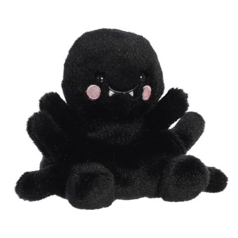 Schwarzes, kuscheliges Plüschspielzeug in Form eines freundlichen Spinnenmotivs mit großen Augen und kleinen Zähnen.