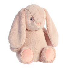 Kuschelhase mit langen Ohren und weichem, rosa Fell, sitzt aufrecht mit einem freundlichen Gesichtsausdruck.