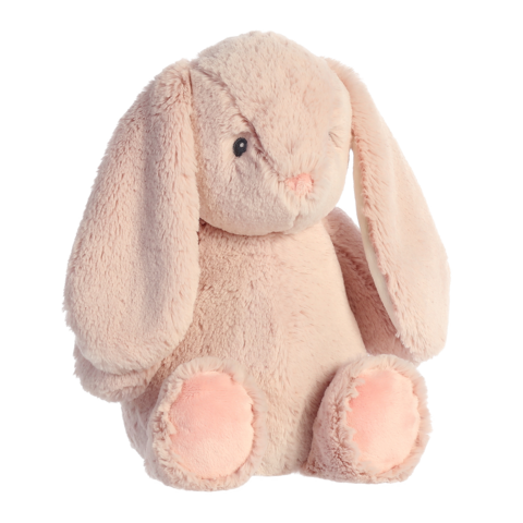 Kuschelhase mit langen Ohren und weichem, rosa Fell, sitzt aufrecht mit einem freundlichen Gesichtsausdruck.