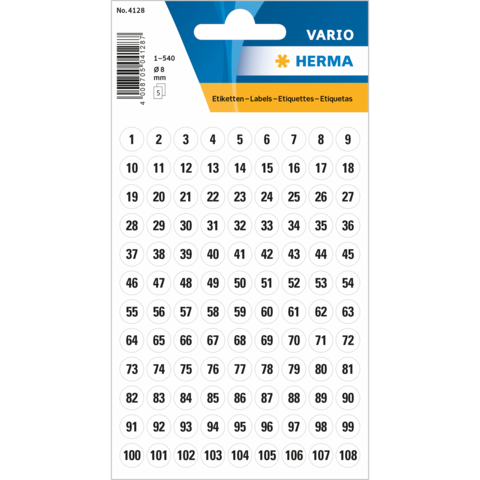 Ein Bogen mit runden Etiketten in verschiedenen Größen, nummeriert von 1 bis 540, auf einem weißen Hintergrund.