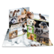 Ein aufgeschlagenes Fotobuch mit verschiedenen Hundefotos, darunter Welpen und verschiedene Rassen wie Labrador, Husky und Golden Retriever.