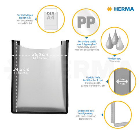 Transparente Kunststofftasche mit den Maßen 26 cm x 34,5 cm, abwaschbar und flexibel bis zu 7 cm in der Breite. Hochwertige Verarbeitung.