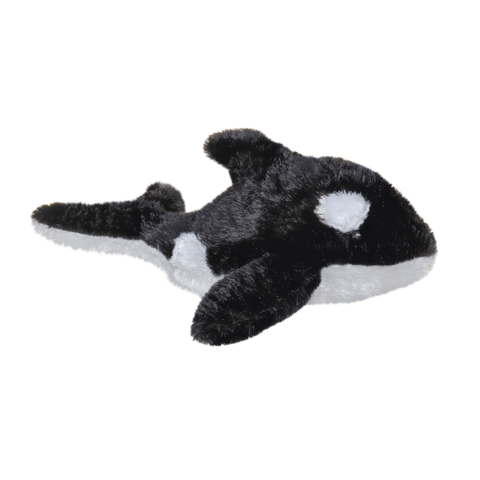 Plüsch-Orca in Schwarz und Weiß, mit charakteristischen Flecken und einer weichen Textur.