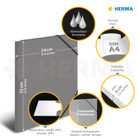 Transparente A4-Mappe von HERMA, abwaschbar, mit elastischen Ecken, stabil aus PP, Maße: 24 cm x 32 cm, Füllhöhe max. 3 cm.