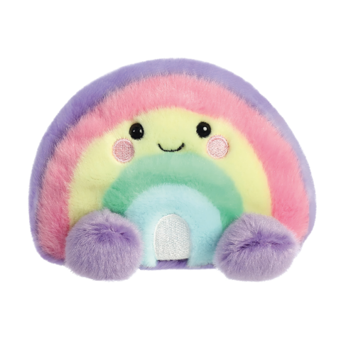 Kuscheliger Regenbogen mit lächelndem Gesicht, in sanften Farben wie Rosa, Gelb, Grün und Lila, mit runden, plüschigen Enden.