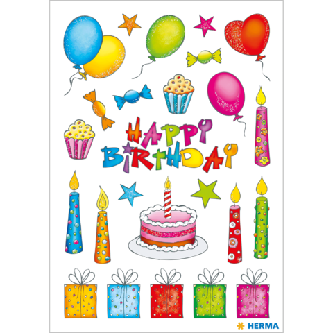 Bunte Geburtstagsdekoration mit Luftballons, Geschenken, Kerzen, einer Torte und dem Schriftzug „Happy Birthday“.