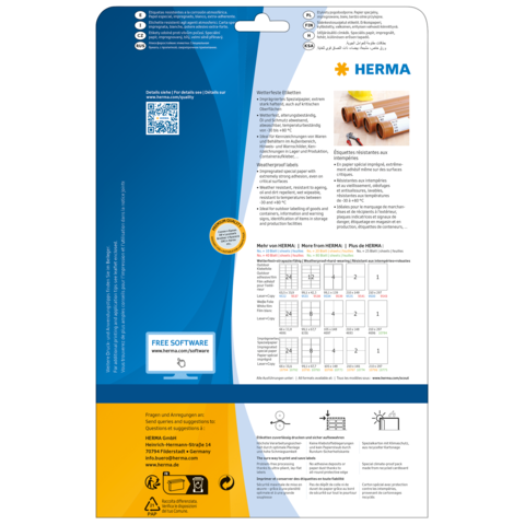 Rückseite einer Verpackung mit Informationen zu HERMA Produkten, Anleitungen und einem QR-Code für kostenlose Software.