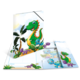 Ein buntes Notizbuch mit einem grünen Dinosaurier und niedlichen, cartoonhaften Dinosaurierfiguren auf dem Cover und den Innenseiten.