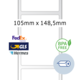 Maßangaben von 105 mm x 148,5 mm, mit Logos von FedEx, GLS und Hermes. Hinweis auf BPA-freies Material.