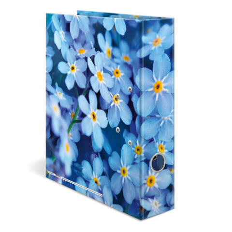 Ein Ordner mit einem blauen Blumenmuster, das aus kleinen, hellblauen Blüten mit gelben Mittelpunkten besteht.