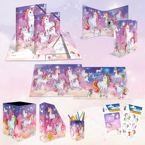 Buntes Schulmaterial mit Einhornmotiven, einschließlich Ordner, Notizblätter, Stiftehalter und Aufkleber.