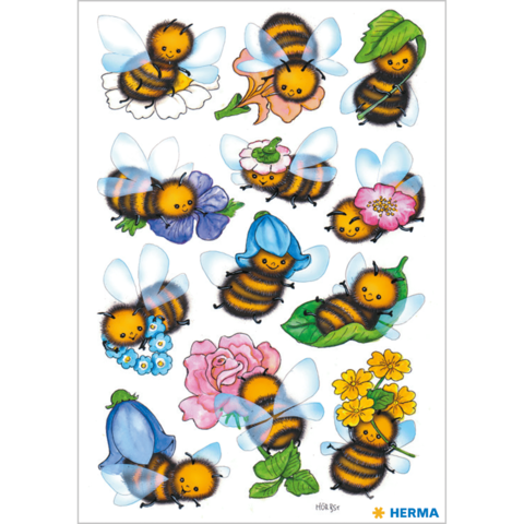 Bunte, cartoonartige Bienen, die auf verschiedenen Blumen sitzen, umgeben von Blättern. Jede Biene hat einen fröhlichen Ausdruck.