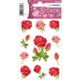 Rosenaufkleber in verschiedenen Formen und Farben auf einem dekorativen Hintergrund mit Herzen.