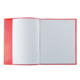 Ein offenes kariertes Notizbuch mit rotem Einband, das leere Seiten zeigt.