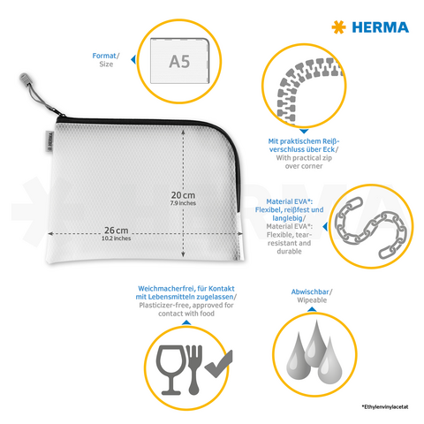 A5-format white Tasche mit Reißverschluss, aus EVA-Material, abwaschbar und lebensmittelecht, ideal für den Kontakt mit Lebensmitteln.