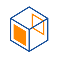 Ein stilisierter Würfel mit blauen und orangefarbenen Flächen, der geometrische Formen darstellt.
