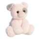 Kuscheliges, rosa Stoffschwein mit grauen Ohren und großen Augen, sitzt aufrecht.