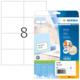 Etikettenbogen mit 8 leeren Etiketten, verpackt in einer transparenten Hülle. Auf der Verpackung sind die Produktdetails und Anwendungsbeispiele abgebildet.