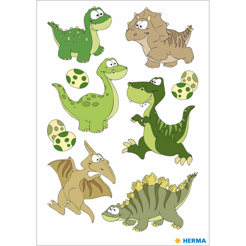 Bunte, cartoonartige Dinosaurier und Eier in verschiedenen Grüntönen auf einem weißen Hintergrund.