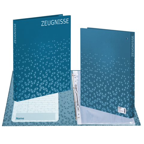 Ein blauer Ordner mit dem Titel "ZEUGNISSE", der geöffnet ist und eine transparente Hülle für Dokumente zeigt.