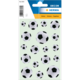 Aufkleber mit verschiedenen Größen von Fußballmotiven auf grünem Hintergrund, verpackt in einer dekorativen Blisterverpackung.