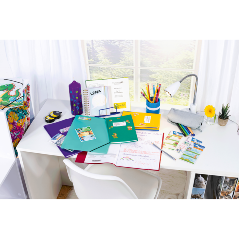 Ein Schreibtisch mit bunten Ordnern, Schreibmaterialien, einer Lampe und einer kleinen Blume, umgeben von hellen Fenstern.