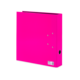 Ein leuchtend pinkfarbener Ordner mit zwei Ringen und einer Öffnung auf der Seite.