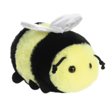 Plüschbiene mit gelbem und schwarzem Fell, großen Augen und einem silbernen Flügel. Ideal als Spielzeug oder Dekoration.