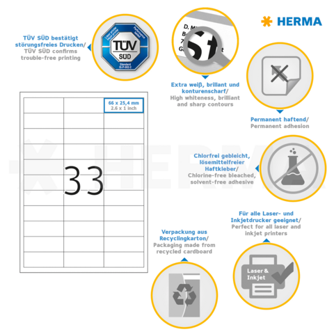 TÜV SÜD bestätigt störungsfreies Drucken, mit extra weißen, permanent haftenden Etiketten, geeignet für Laser- und Inkjetdrucker.