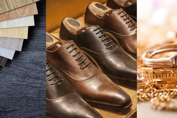 Collage Branchen Stein-, Kunststoff-, Parkett-, Leder-, Schmuck-, Holz-Industrie