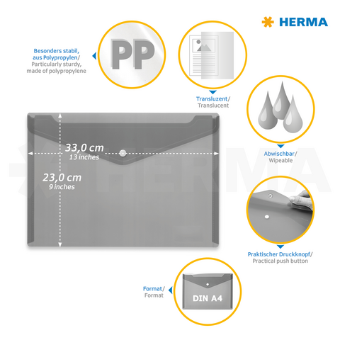 Transparente A4-Hülle aus Polypropylen, abwischbar, mit praktischem Druckknopf und Maßen von 33 cm x 23 cm.