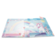 Ein offenes Notizbuch mit einem Einhorn, Regenbogen und Wolken, dekoriert mit Herzen und Platz für Notizen.