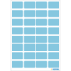 Blaue Etiketten auf einem weißen Blatt, angeordnet in einem Raster mit mehreren Reihen und Spalten.