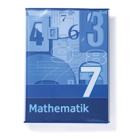 Mathebuch mit blauer Covergestaltung, Zahlen und dem Titel "Mathematik" in großer Schrift.