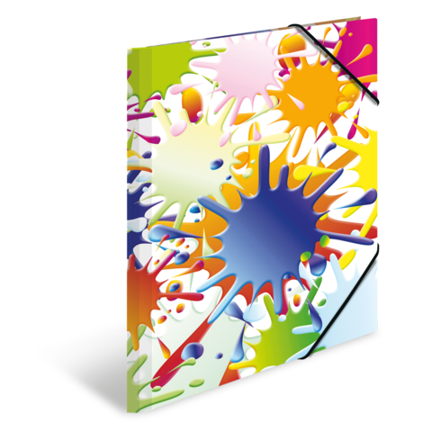 Bunte Ordner mit Farbklecksen in verschiedenen Formen und Größen, die lebendige Farben wie Blau, Gelb, Rot und Grün zeigen.