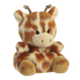 Plüschgiraffe mit braunen Flecken, großen Augen und einem freundlichen Gesicht, sitzt aufrecht mit kleinen Ohren und Hörnern.