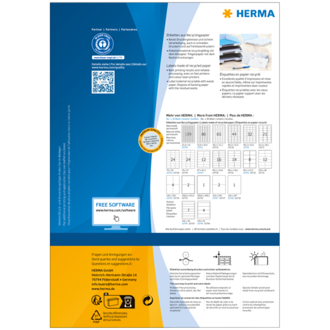 Etiketten für Recyclingpapier von HERMA, mit Informationen zur Verwendung und Software-Download. Enthält technische Details und Anwendungsbeispiele.
