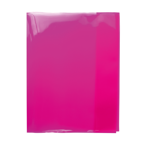 Ein glänzendes, pinkfarbenes Kunststoffblatt, das flach auf einer Oberfläche liegt.