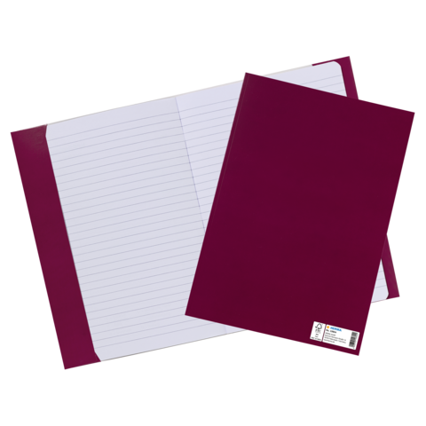 Ein lila Ordner und ein lila Notizbuch liegen nebeneinander. Das Notizbuch hat linierte Seiten.