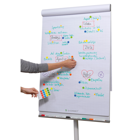 Ein Flipchart mit verschiedenen bunten Notizen und Diagrammen, während eine Hand mit Farbpunkten darauf zeigt.